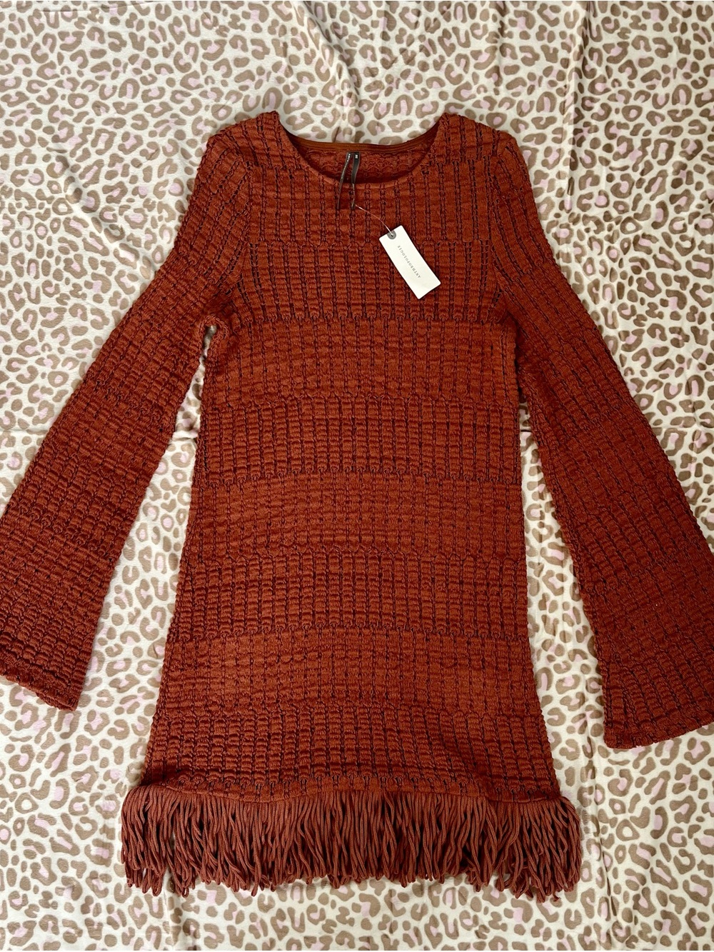 NWT Anthropologie Rust Fringe Knit Crewneck Sweater